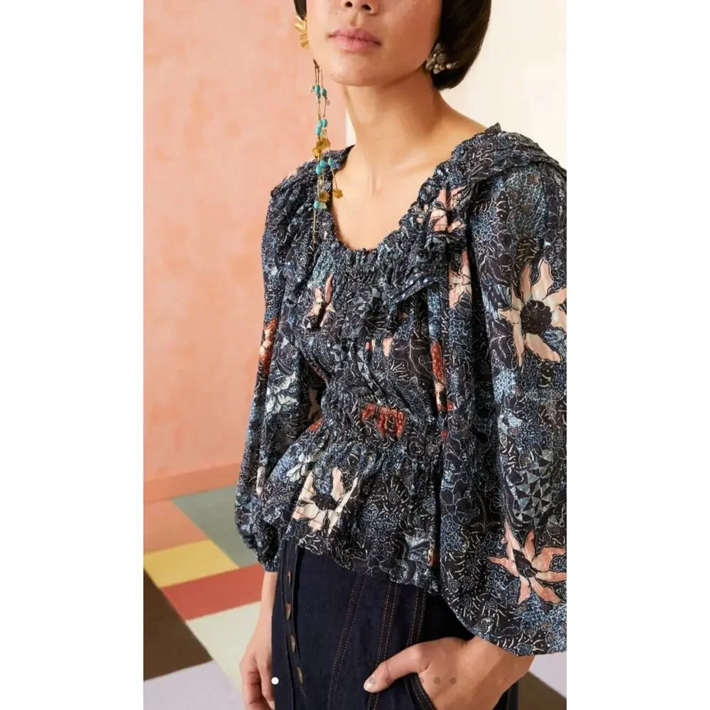 Ulla Johnson Navy Azul Asmara Blouse Floral Bubble Sleeve Blouse Size 6